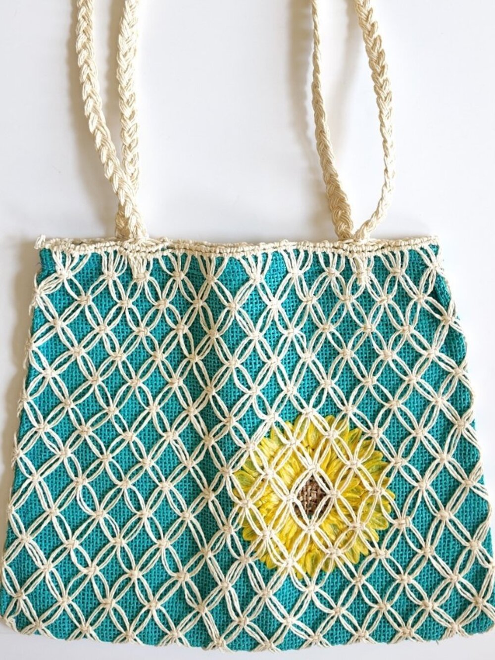 Boho Sunflower Macrame Crochet Tote Bag Teal Woven Mesh Beach Shoulder Purse